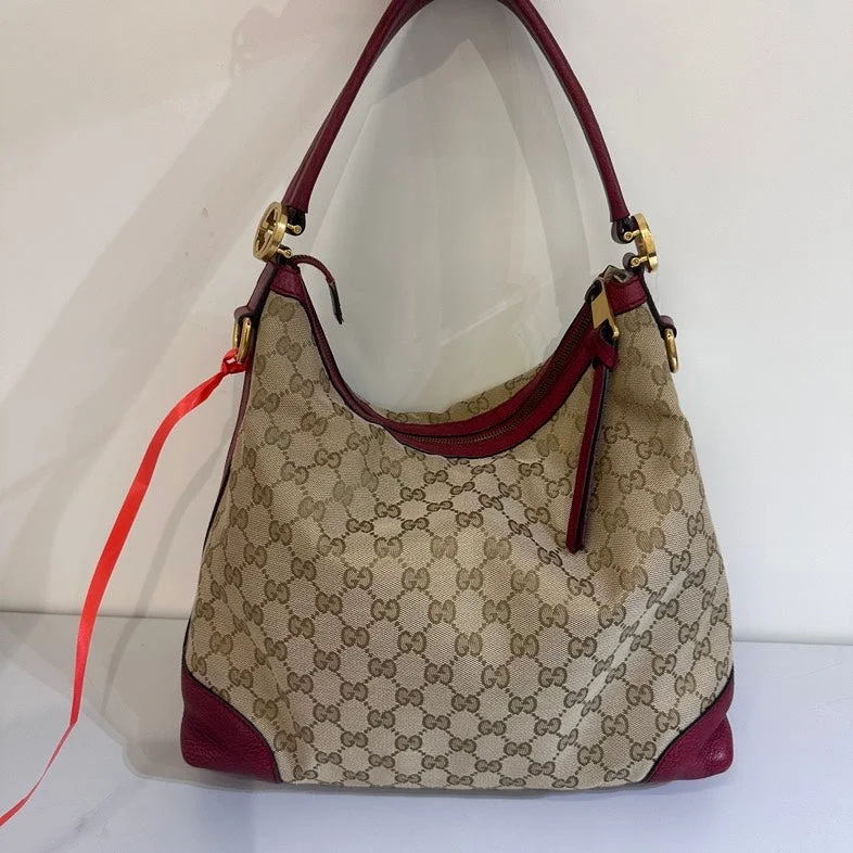 Gucci Beige GG Canvas Burgundy Leather Trim Tote Medium