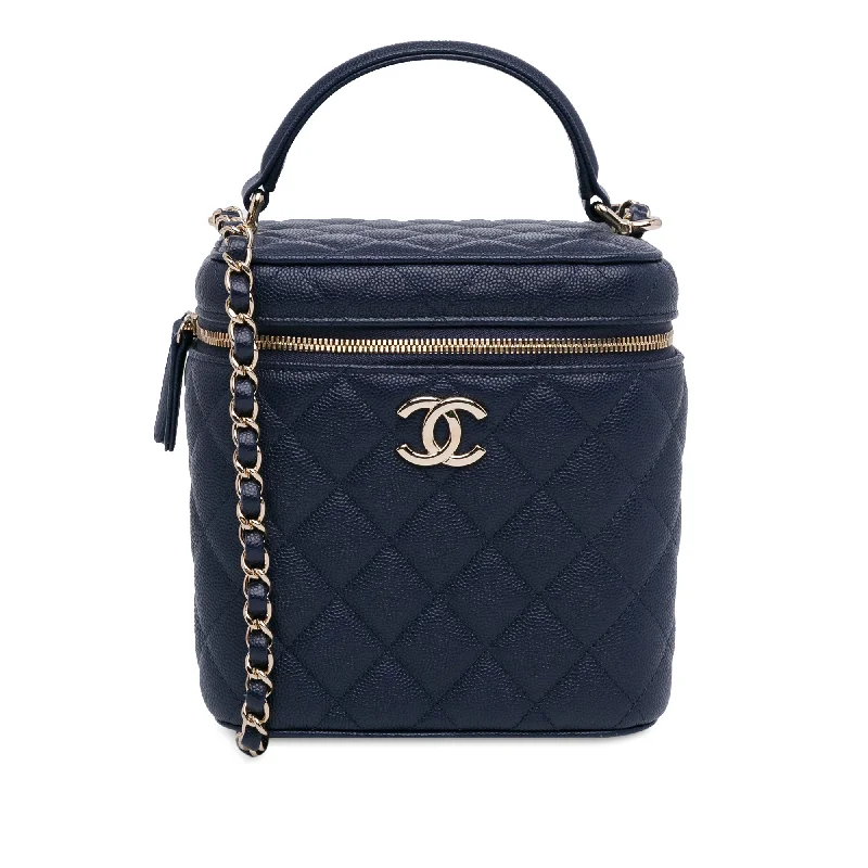 Blue Chanel CC Quilted Caviar Top Handle Vanity Case with Chain