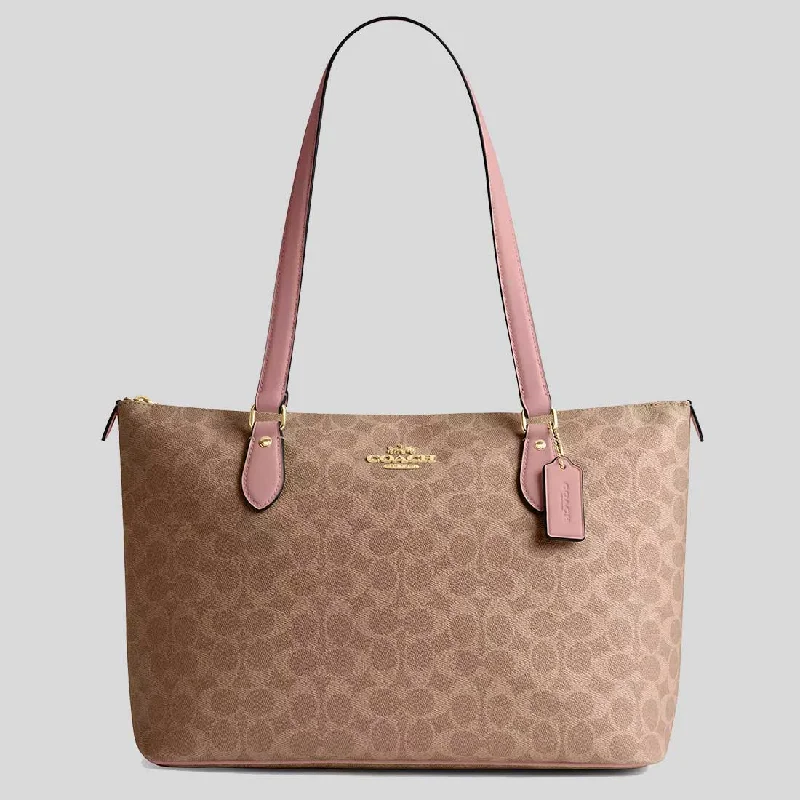 COACH Gallery Tote Bag In Signature Canvas Tan/Pink Petal CW381