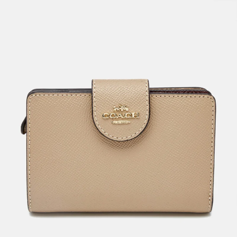 Beige Leather Corner Zip Compact Wallet