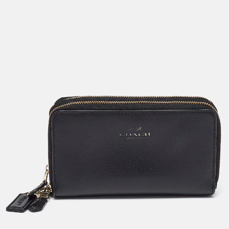 Black Leather Double Zip Around Wallet