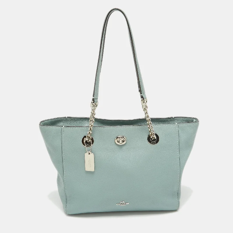 Light Blue Leather Turnlock Chain Tote