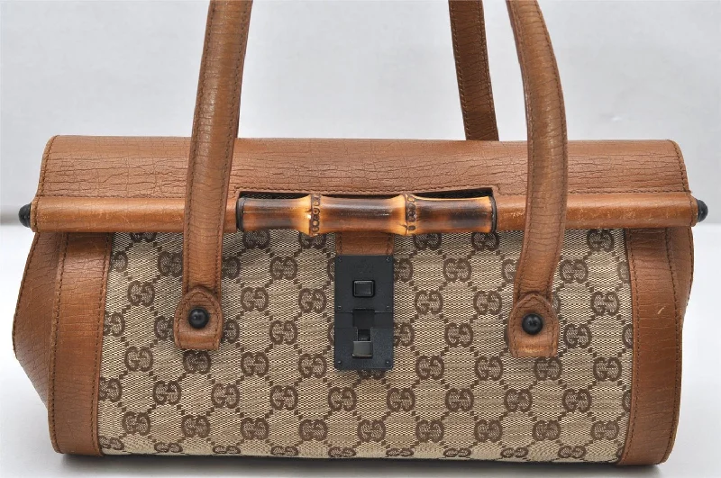 Authentic GUCCI Bamboo Hand Shoulder Bag GG Canvas Leather 111713 Brown 3713K