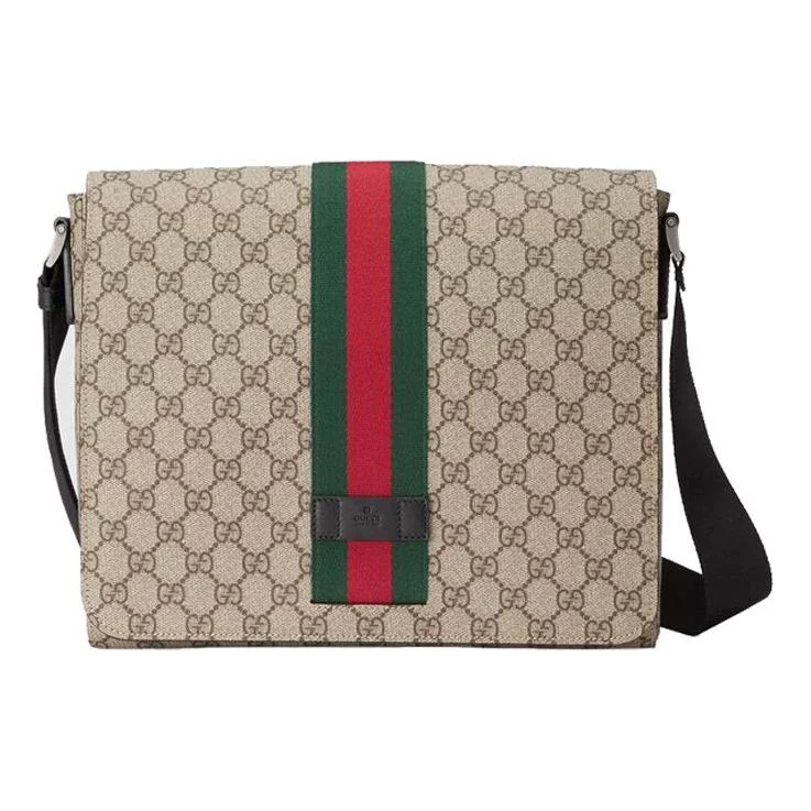 GUCCI Logo Stripe Webbing Leather Logo Canvas Shoulder Messenger Bag / Black 475432-KHNGN-9692