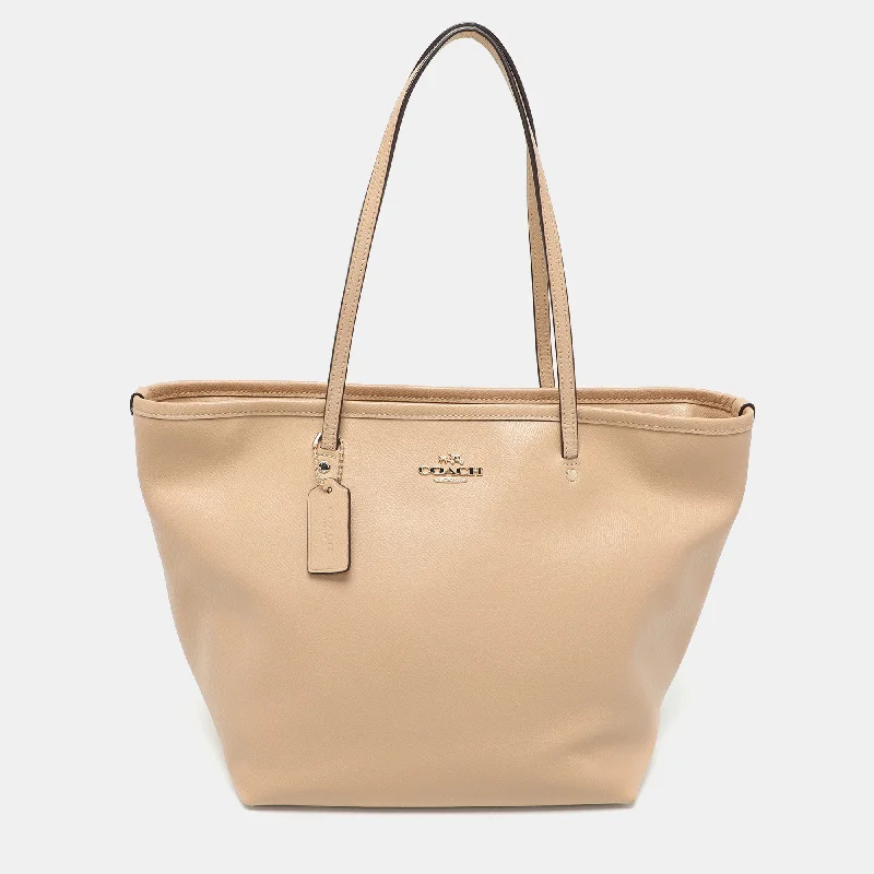 Beige Leather Street Top Zip Tote