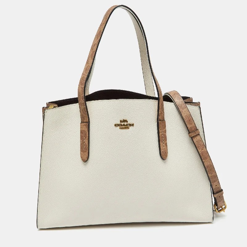 White/Brown Leather and Signature Coated Canvas Charlie Carryall Tote