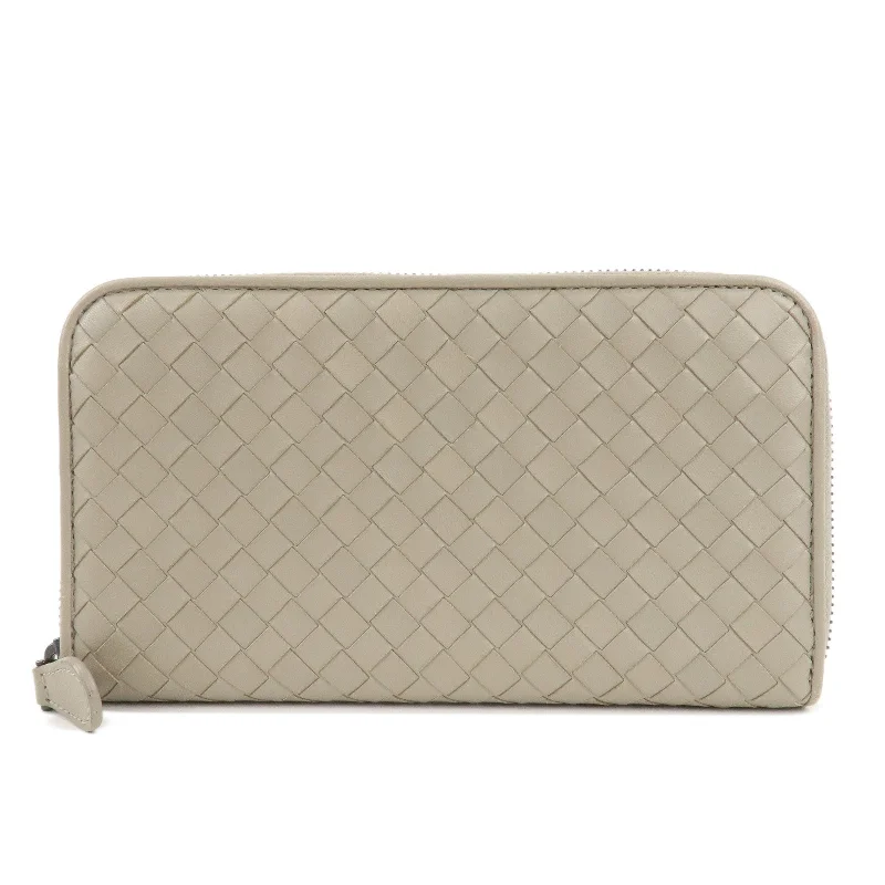 BOTTEGA VENETA Intrecciato Leather Round Zipper Long Wallet Gray