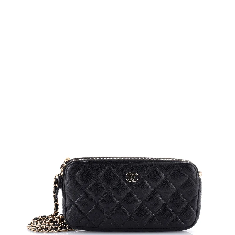 Double Zip Clutch with Chain Quilted Caviar