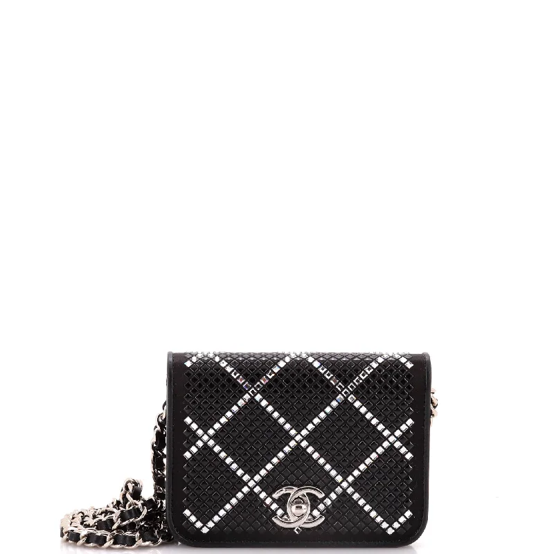 CC Flap Card Holder on Chain Strass Embellished Satin Mini