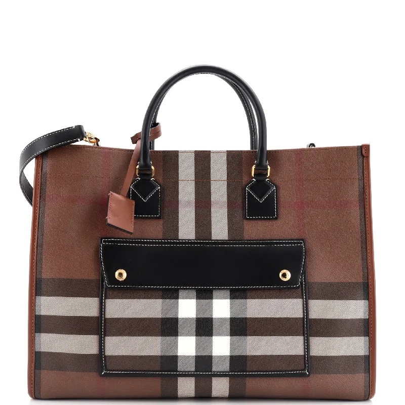 Freya Shopping Tote Check Canvas with Leather Medium