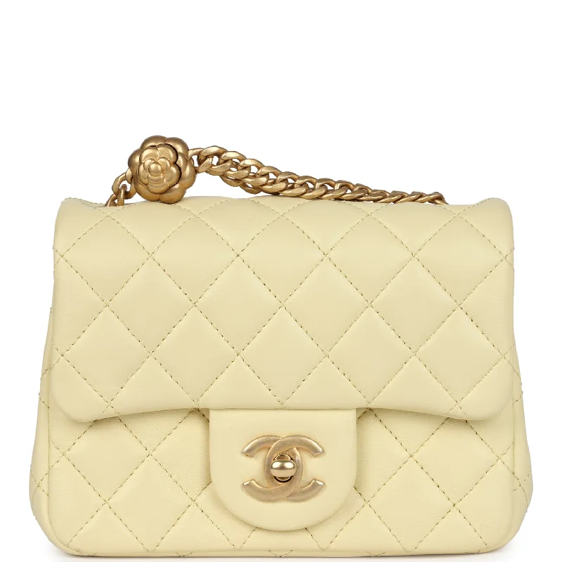 Chanel Mini Camellia Crush Square Flap Yellow Lambskin Antique Gold Hardware