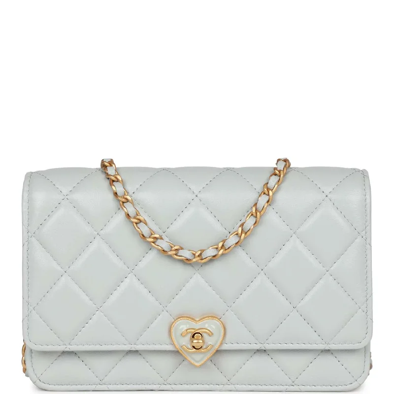 Chanel Heart Wallet on Chain WOC Light Blue Lambskin Aged Gold Hardware