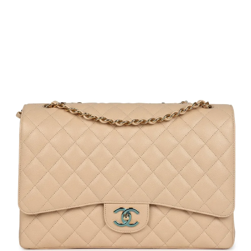 Chanel Maxi Classic Double Flap Bag Beige Caviar Gold Hardware