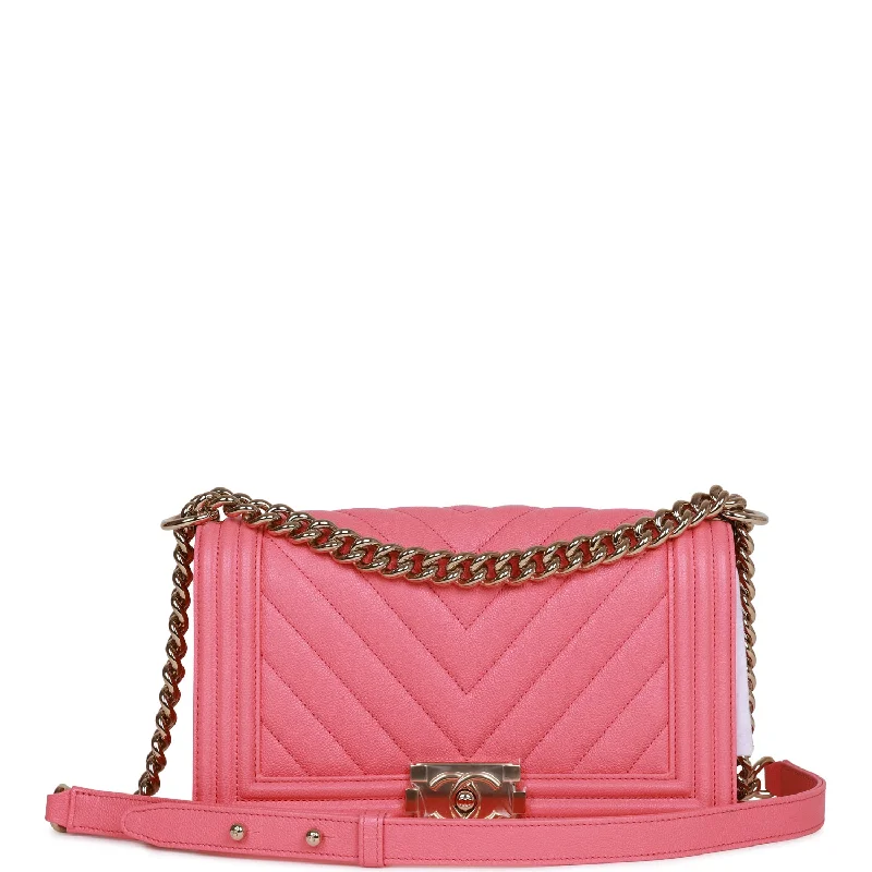 Chanel Medium Boy Bag Pink Chevron Caviar Light Gold Hardware