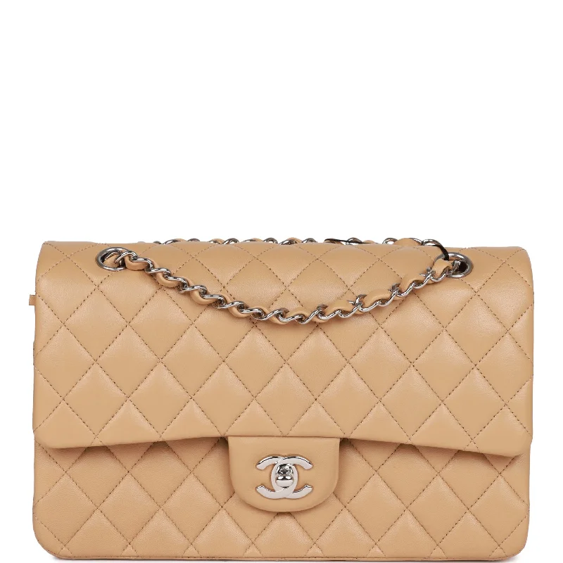 Chanel Medium Classic Double Flap Bag Beige Lambskin Silver Hardware