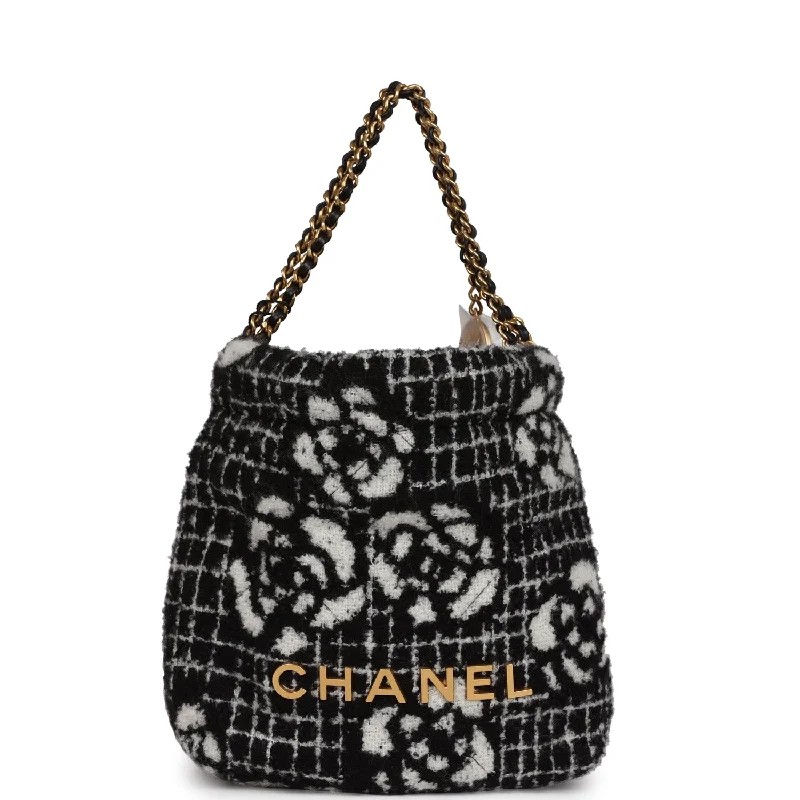 Chanel Mini 22 Bag Black and White Floral Tweed Gold Hardware