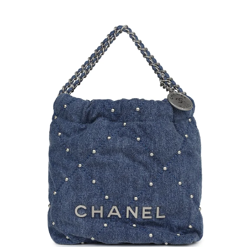 Chanel Mini 22 Bag Blue Studded Denim Silver Hardware