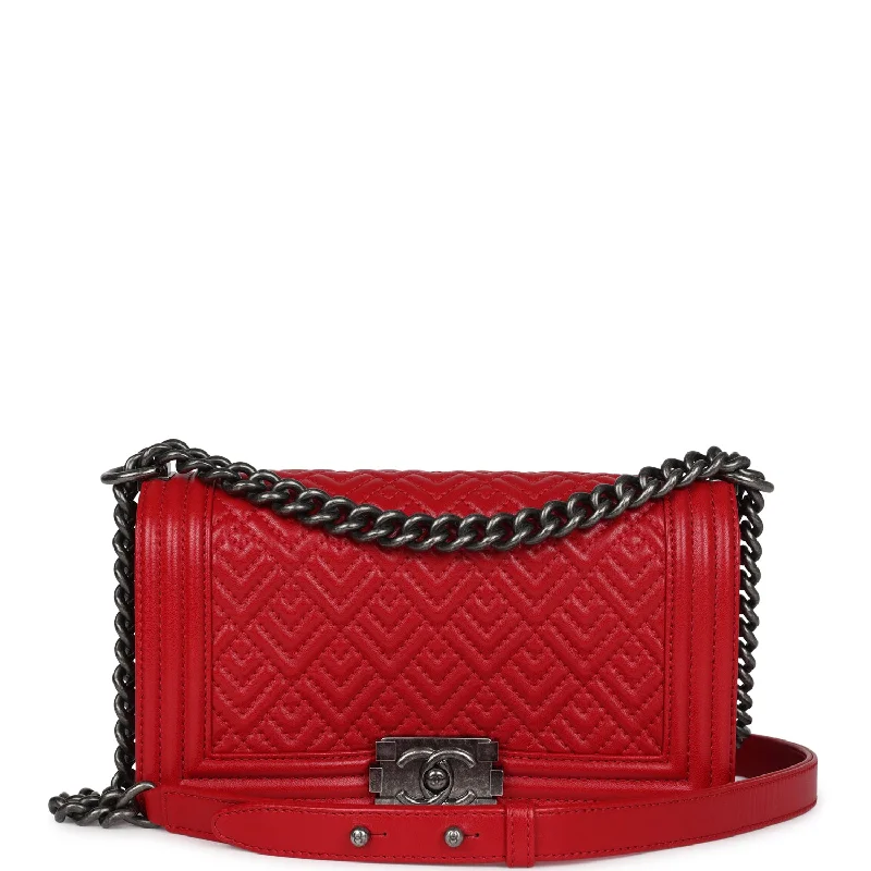 Chanel Old Medium Boy Bag Red Lambskin Aged Ruthenium Hardware