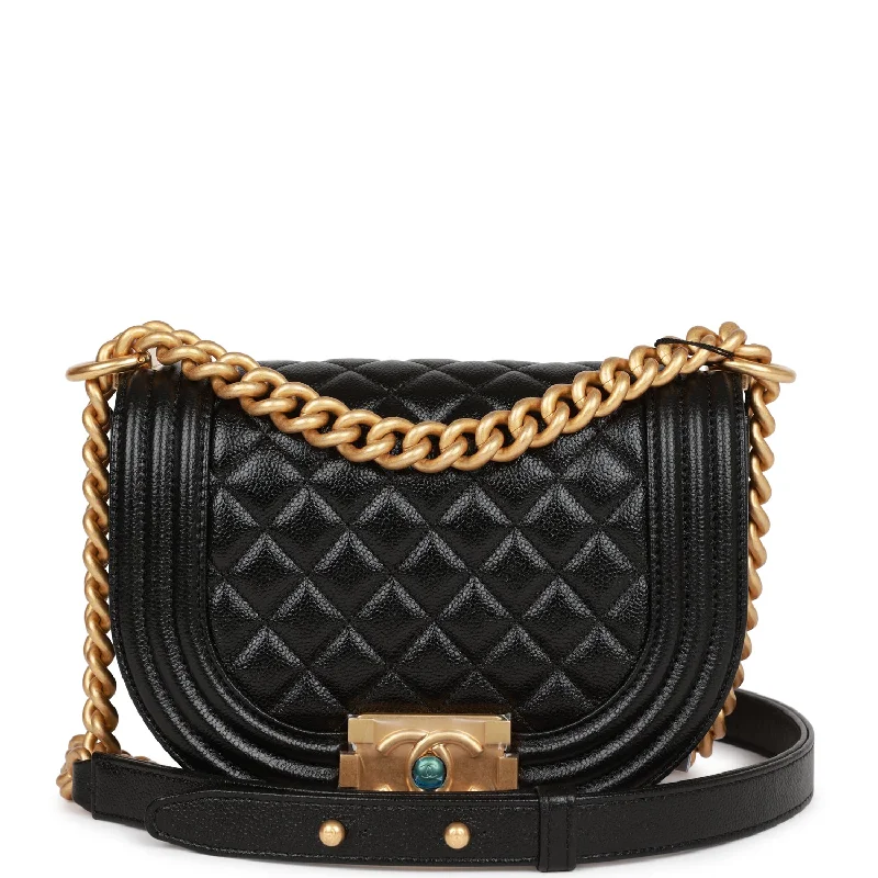 Chanel Small Boy Bag Messenger Black Caviar Antique Gold Hardware