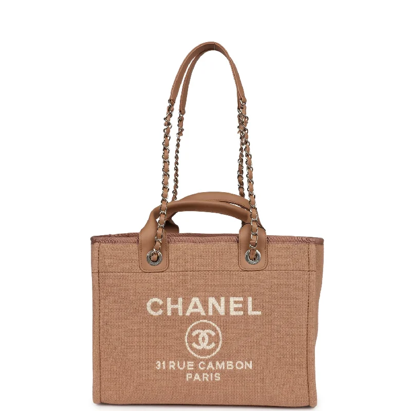 Chanel Small Deauville Shopping Tote Dark Beige Canvas Light Gold Hardware