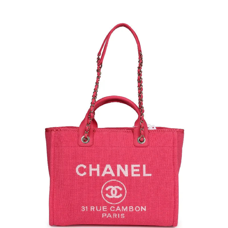 Chanel Small Deauville Shopping Tote Hot Pink Canvas Light Gold Hardware