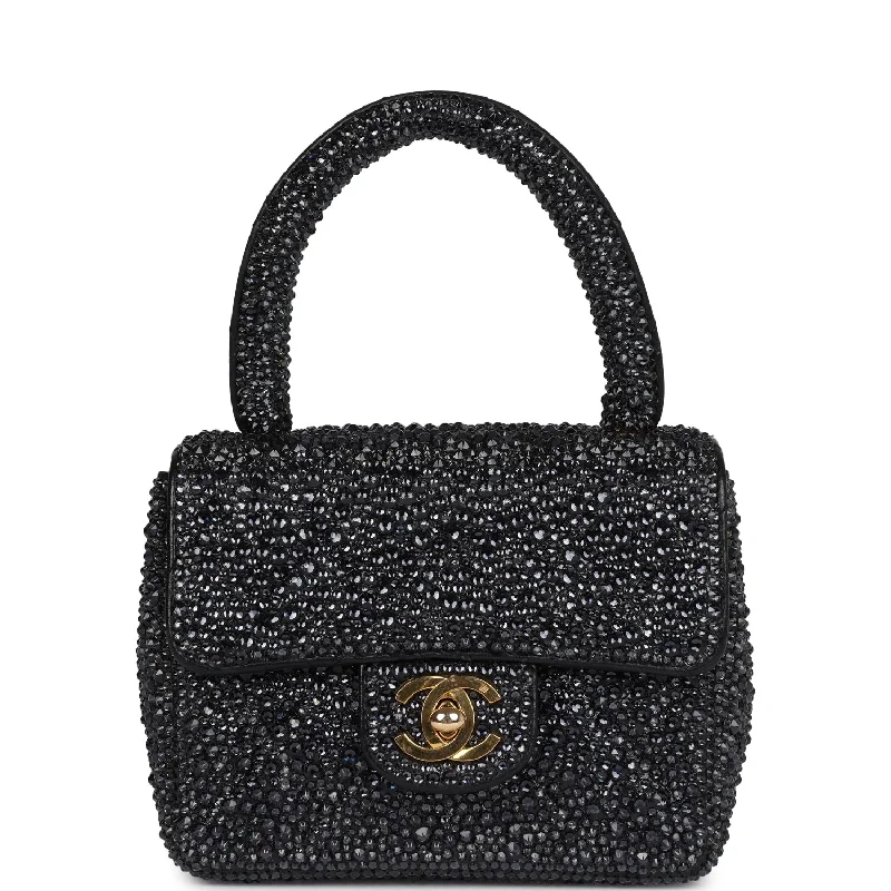 Custom Black Swarovski Crystal Vintage Chanel Mini Kelly Flap Bag Black Lambskin Gold Hardware