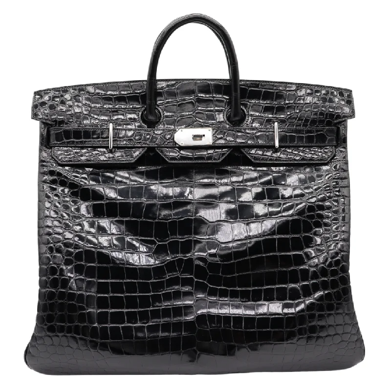 Hermès 50cm HAC Black Shiny Porosus Crocodile Palladium Hardware