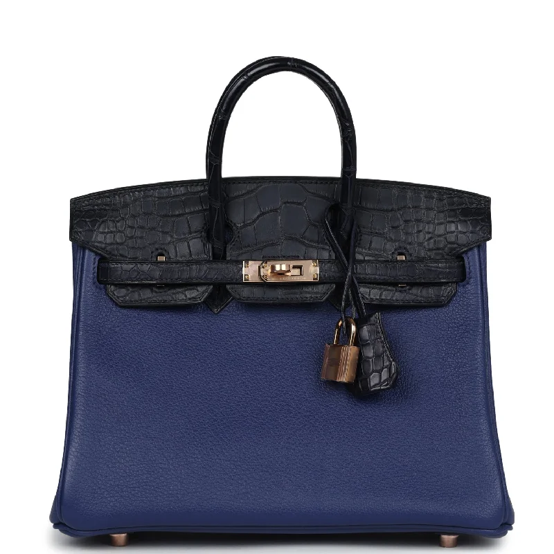 Hermes Birkin 25 Bleu Saphir Taurillion Novillo and Bleu Marine Matte Alligator Touch Rose Gold Hardware