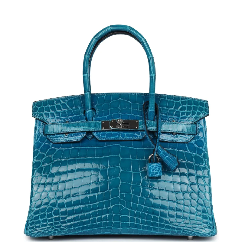 Pre-owned Hermes Birkin 30 Bleu Izmir Shiny Niloticus Crocodile Palladium Hardware