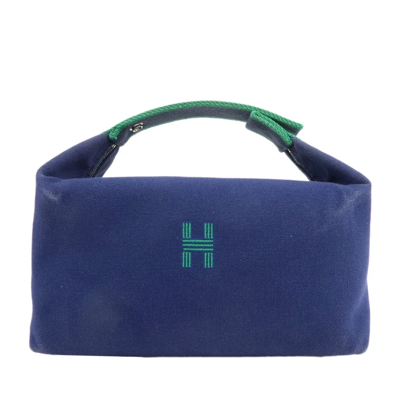 HERMES Canvas Leather Bride a Brac GM Hand Bag Navy Green