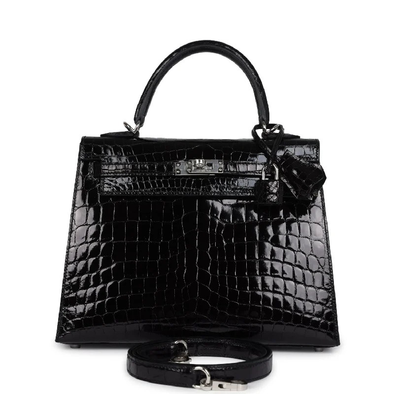 Hermes Kelly Sellier 25 Black Shiny Niloticus Crocodile Palladium Hardware