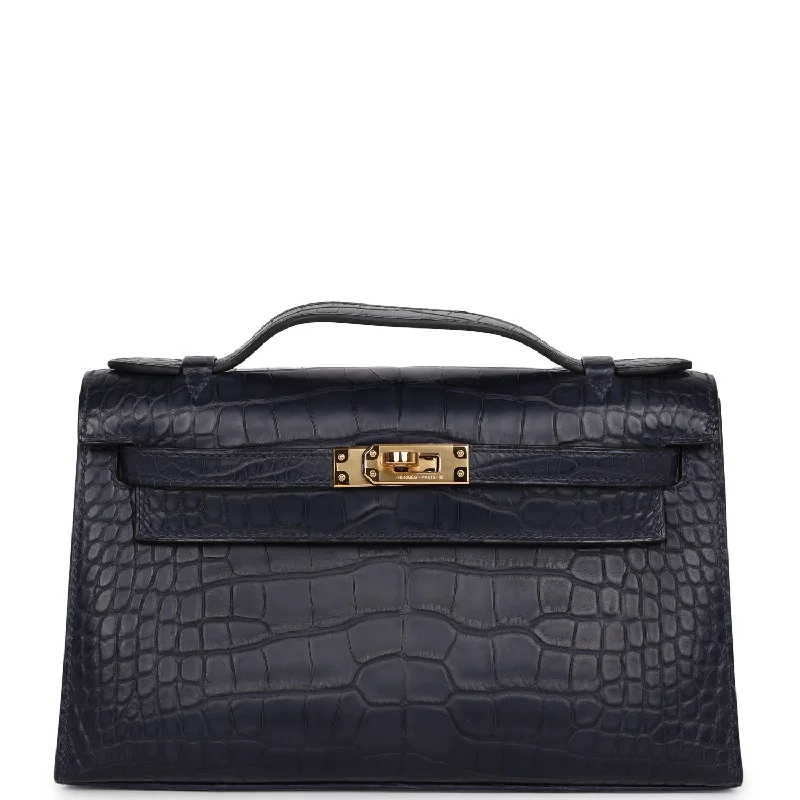 Hermes Kelly Pochette Bleu Indigo Matte Alligator Gold Hardware