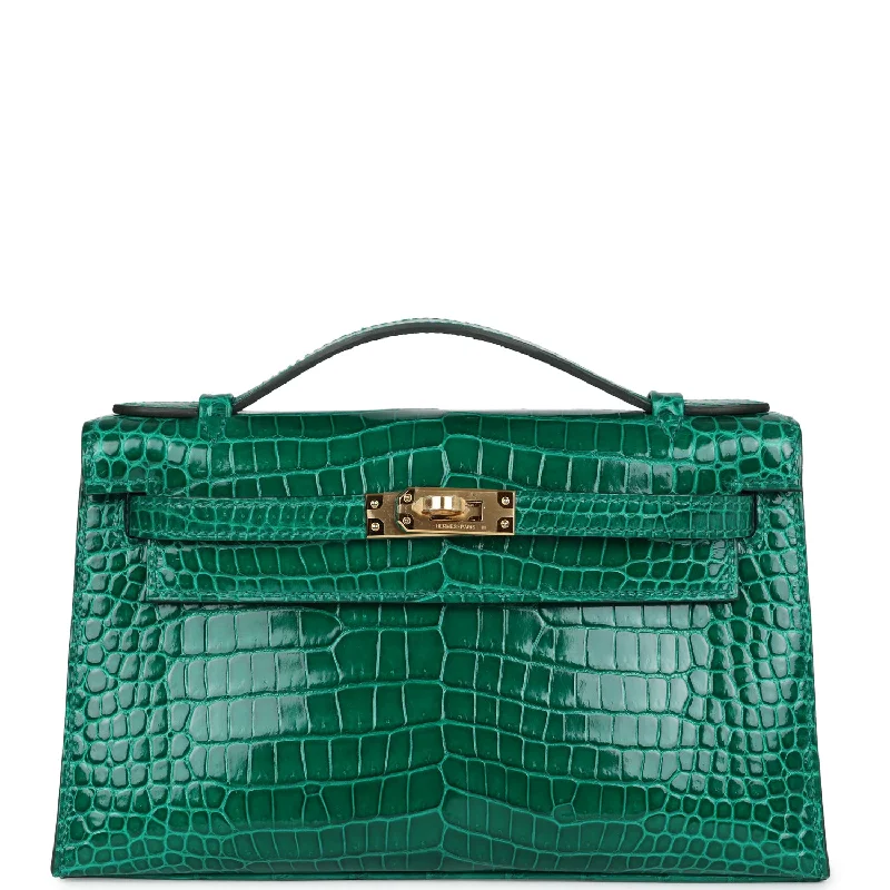 Hermes Kelly Pochette Emerald Shiny Porosus Crocodile Gold Hardware