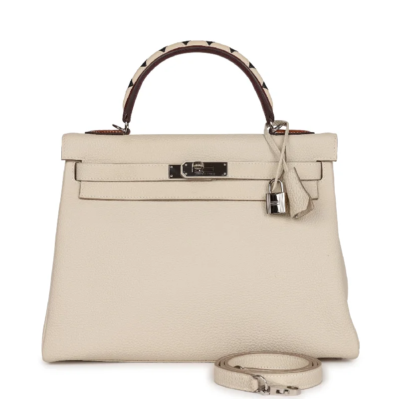 Pre-owned Hermes Kelly Retourne 32 Craie Au Gallop Togo Palladium Hardware