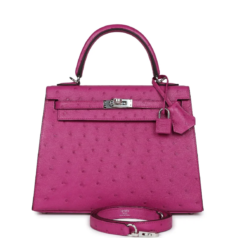 Hermes Kelly Sellier 25 Rose Pourpre Ostrich Palladium Hardware