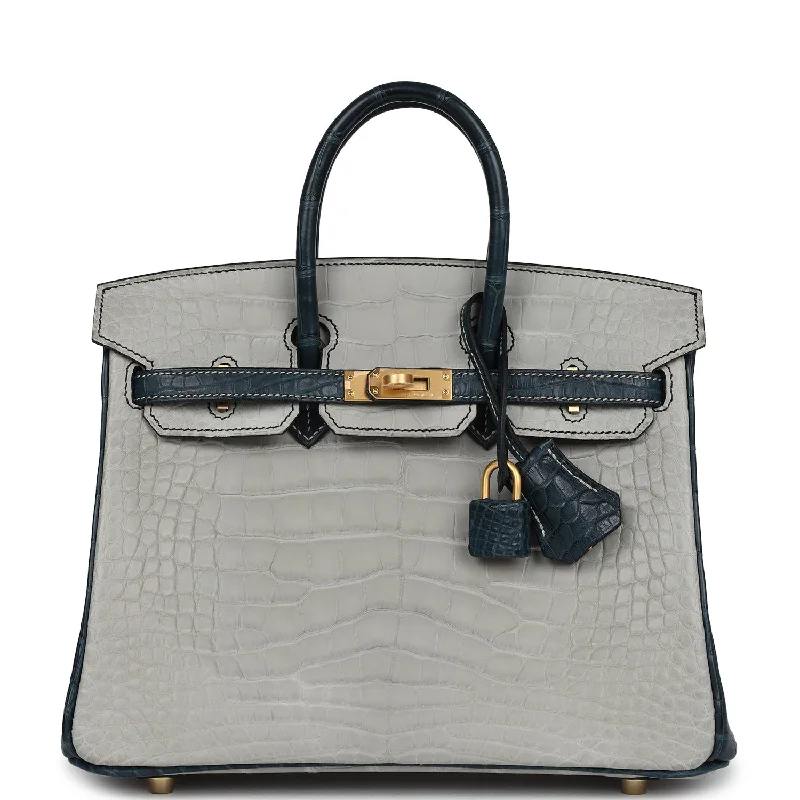 Hermes Special Order (HSS) Birkin 25 Gris Perle and Vert Rousseau Matte Alligator Brushed Gold Hardware