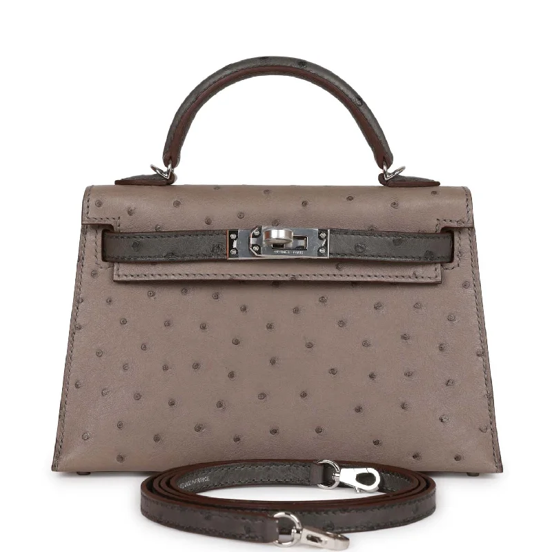 Hermes Special Order (HSS) Kelly Sellier 20 Gris Tourterelle and Graphite Ostrich Palladium Hardware