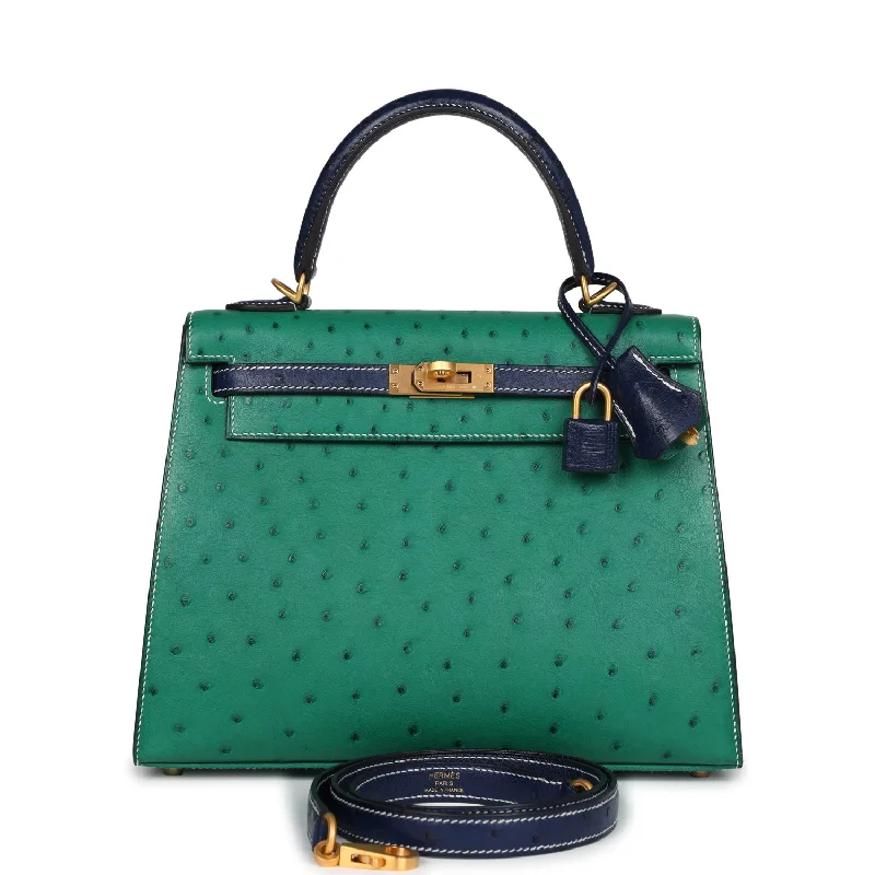 Pre-owned Hermes Special Order (HSS) Kelly Sellier 25 Vert Vertigo and Bleu Iris Ostrich Brushed Gold Hardware