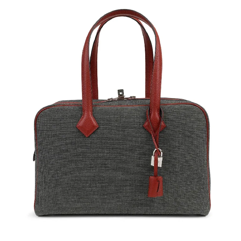 Hermes Charcoal Toile Victoria w/ Rouge Clemence Handle