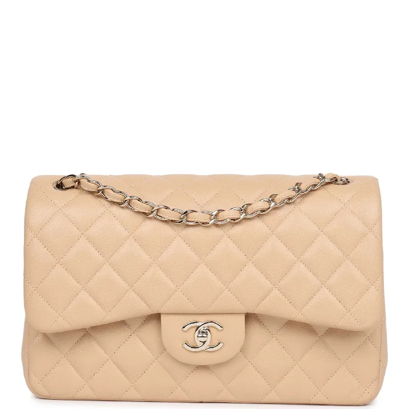 Pre-owned Chanel Jumbo Classic Double Flap Bag Light Beige Caviar Gold Hardware