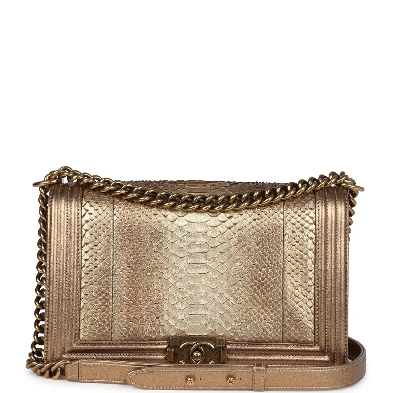 Pre-owned Chanel Medium Boy Bag Metallic Gold Python Antique Gold Hardware