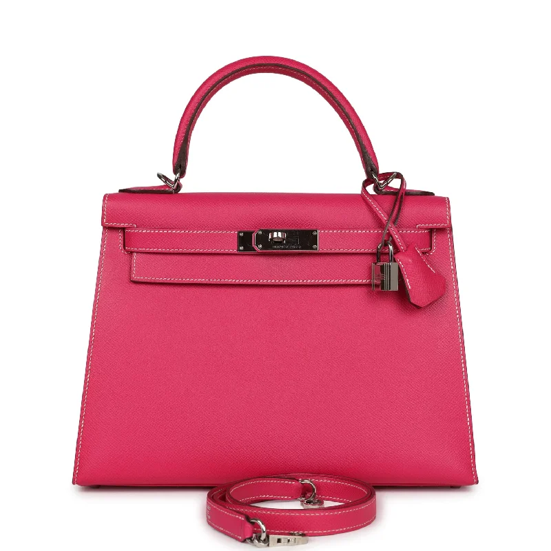 Pre-owned Hermes Kelly Sellier 28 Rose Tyrien Epsom Palladium Hardware