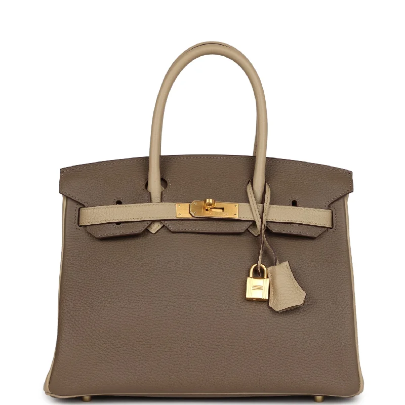 Pre-owned Hermes Special Order (HSS) Birkin 30 Bi-Color Gris Tourterelle and Etoupe Clemence Brushed Gold Hardware