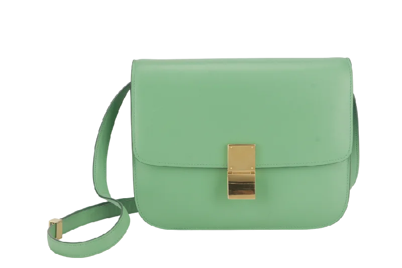 CELINE GREEN GOATSKIN MEDIUM CLASSIC BOX FLAP BAG IN PALM GOLD HARDWARE WITH STRAPS, DUST COVER AND BOX