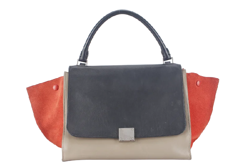 CELINE TRAPEZE BAG IN BEIGE TAUPE TRICOLOR LEATHER WITH BLACK FLAP ON ORANGE TOP SILVER HARDWARE WITH STRAPS AND DUST COVER