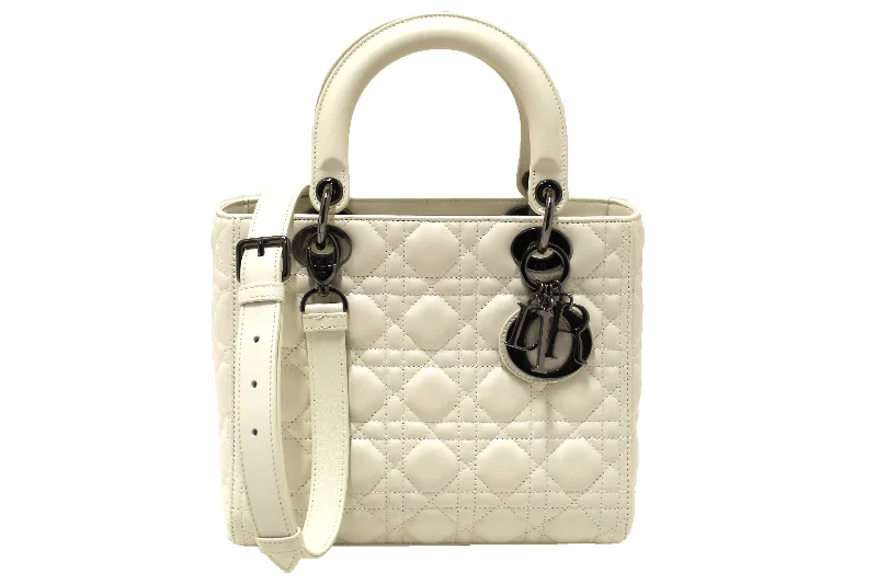 Authentic Christian Dior White Cannage Lambskin Medium Lady Dior Bag