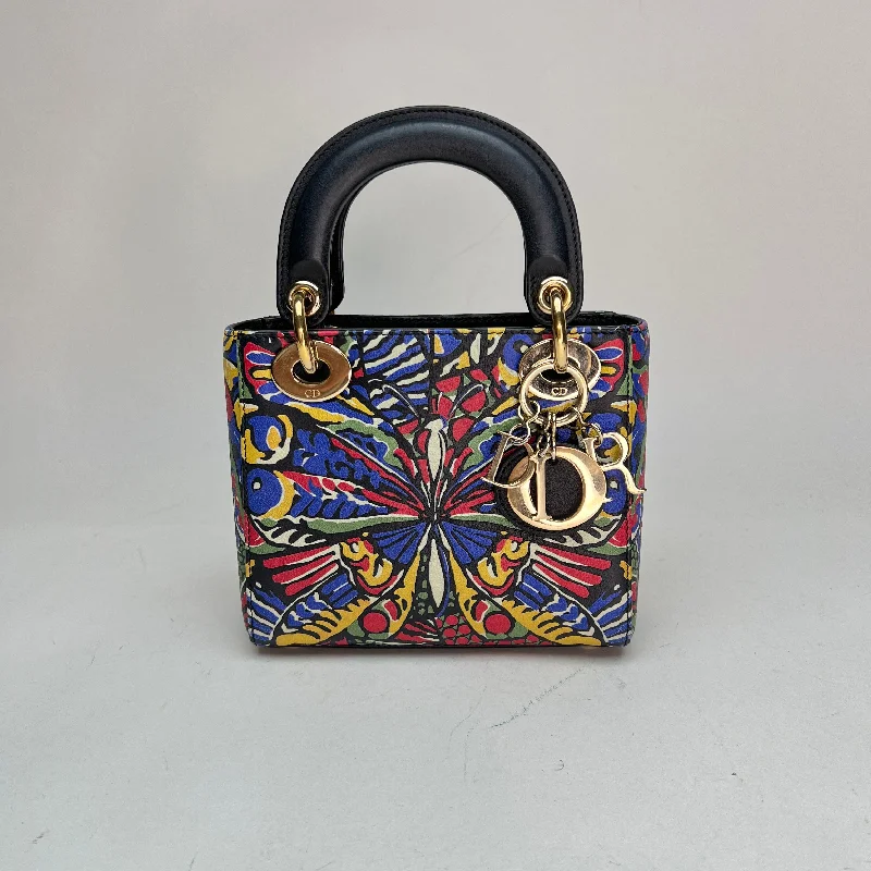 Butterfly Print Lady Dior mini Multi-colour Top Handle Bag in Calfskin, Gold hardware