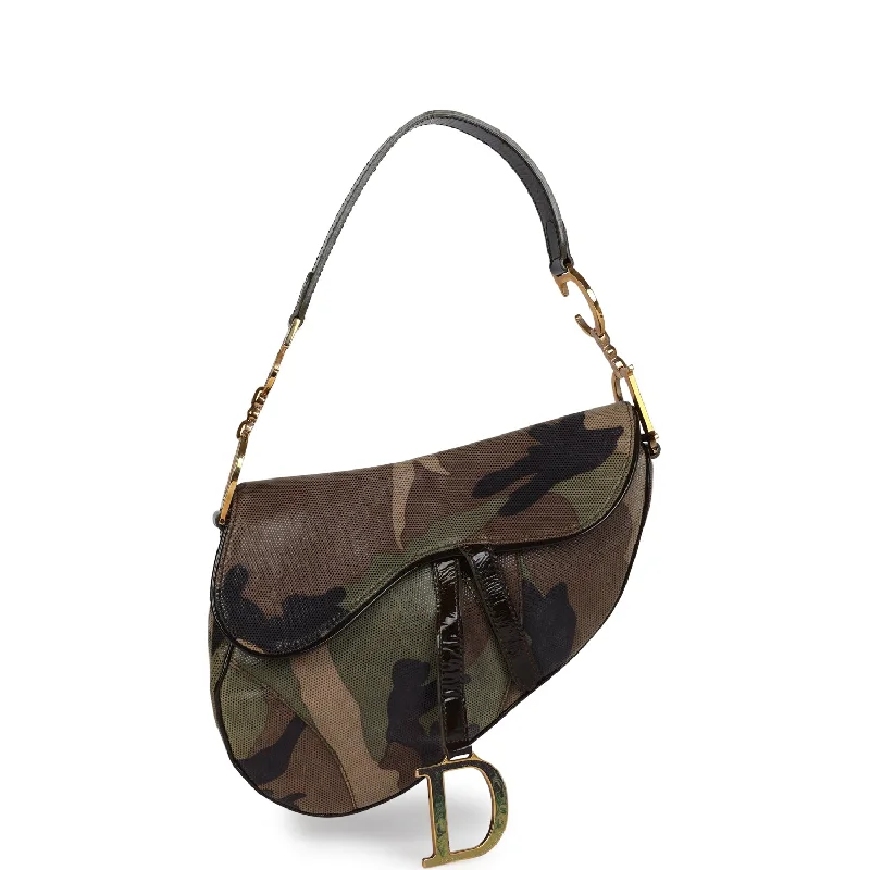 Vintage Christian Dior Camouflage Saddle Bag Green and Brown Suede Gold Hardware