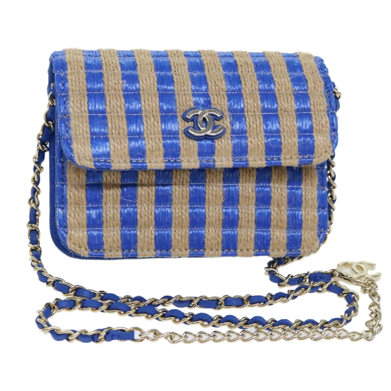 CHANEL Chain Shoulder Bag Raffia Blue Beige CC  51139A