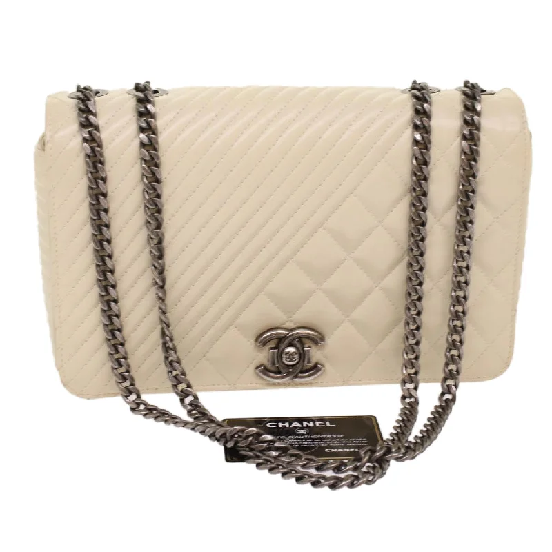 CHANEL Chevron x Matelasse Chain Shoulder Bag Lamb Skin White CC  48469A